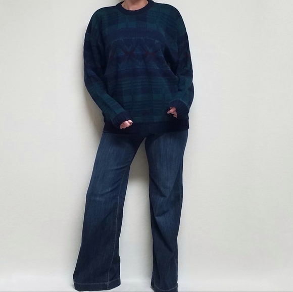 VINTAGE Reed St. James Loafers Turquoise Blue Plaid Printed Knit Sweater XL - Picture 2 of 11